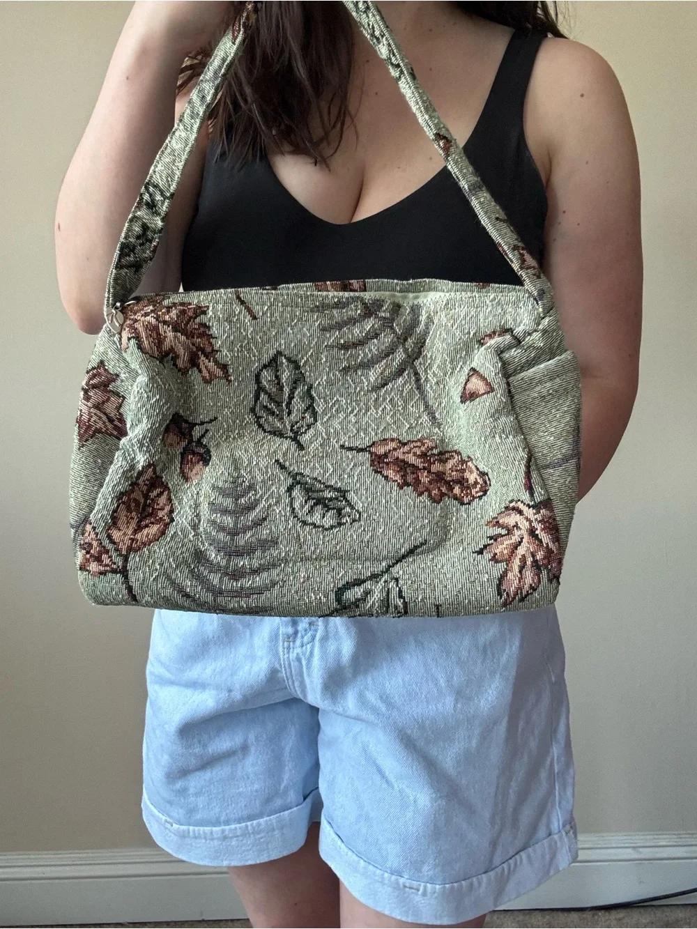 Vintage Tapestry Green Leaf-Print Shoulder Bag